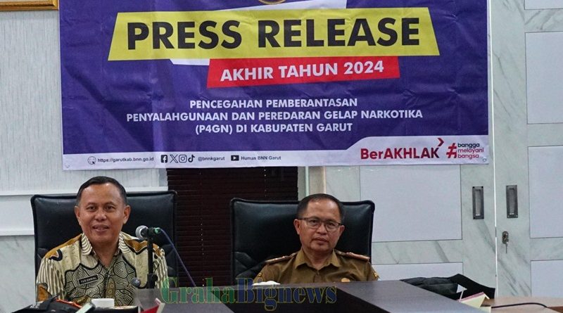 Press Release Tim Terpadu Pencegahan Pemberantasan Penyalahgunaan dan Peredaran Gelap Narkotika (P4GN) Tahun 2024 yang berlangsung di Ruang Rapat Pamengkang, Kecamatan Garut Kota, Kabupaten Garut, Selasa (24/12/2024). (Foto : Anggana Mulia/ Sofyan Fauzi/ Deni Seftiana/ Diskominfo Kab. Garut-grahabignews.com)