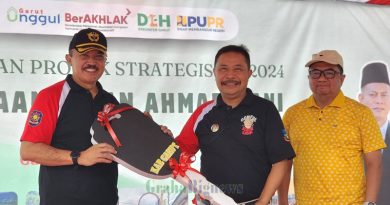 Penjabat (Pj) Bupati Garut, Barnas Adjidin, menyerahkan secara simbolis kunci Mobil Gakum kepada Kepala Satpol PP Kabupaten Garut, Usep Basuki Eko, dalam kegiatan Car Free Day (CFD) Garut, yang berlangsung di Jalan Ahmad Yani, Kecamatan Garut Kota, Kabupaten Garut, Minggu (29/12/2024). (Foto : Deni Seftiana, Anggana Mulia Kurniawan, & Rahmatillah Ramadhani/Diskominfo Kab. Garut & Dok. Satpol PP Garut-grahabignews.com).