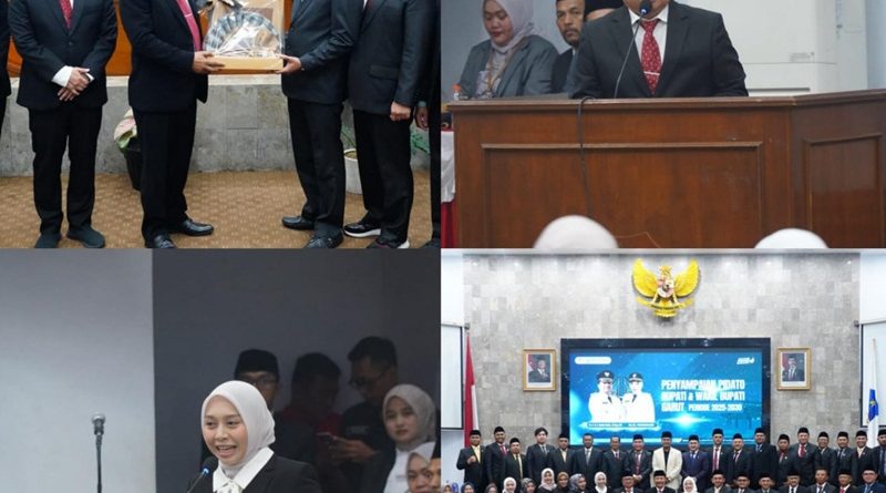 Bupati Garut, Abdusy Syakur Amin, menyampaikan pidato perdananya dalam Rapat Paripurna DPRD Kabupaten Garut bersamaan dengan rangkaian acara Serah Terima Jabatan (Sertijab) di Ruang Rapat Paripurna DPRD Kabupaten Garut, Kamis (20/2/2025). Acara ini dihadiri oleh jajaran Forkopimda, anggota DPRD, serta berbagai elemen masyarakat. (Foto: Deni Seftiana/ Muhamad Azi Zulhakim/ Ilham Kautsar/ Moch Ahdiansyah/ Anggana Mulia/ Diskominfo Kab. Garut-grahabignews.com)