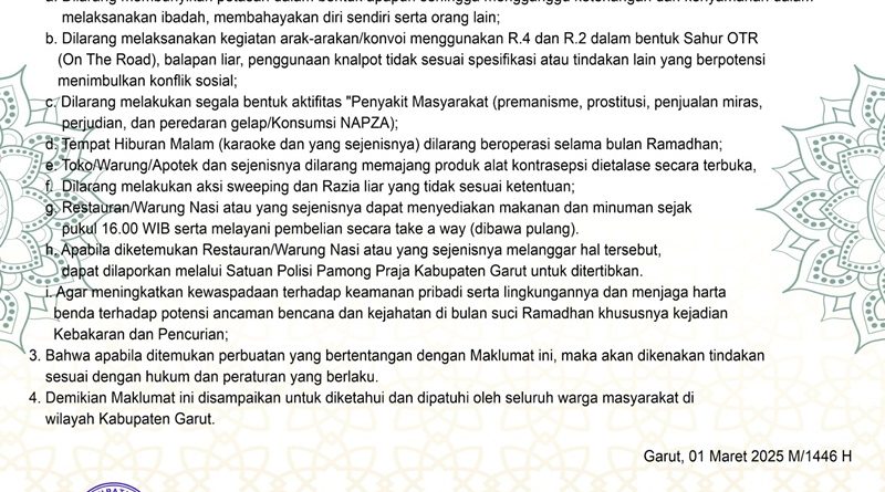 Maklumat Kepatuhan Masyarakat selama bulan suci Ramadan 1446 H/2025 M. Maklumat ini bertujuan untuk menjaga ketertiban, keamanan, serta kekhusyukan ibadah di wilayah Kabupaten Garut. (Dok. Bagian Kesra Setda Kab. Garut)