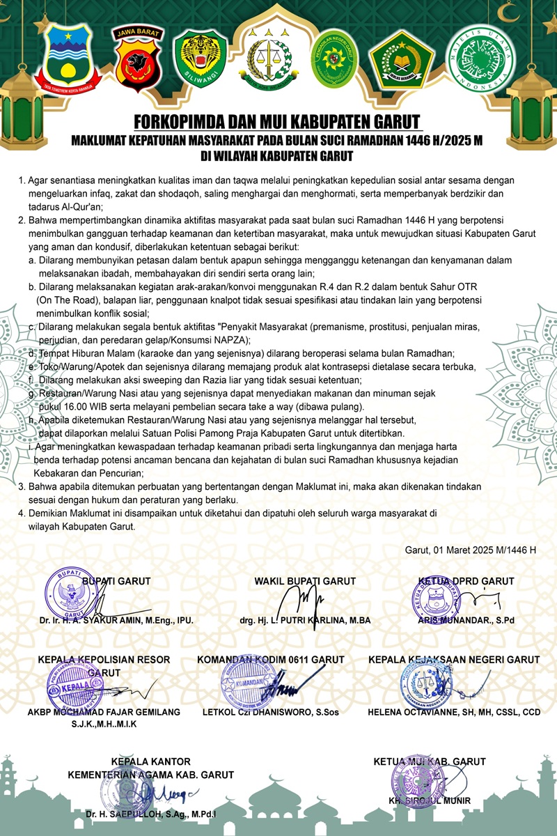 Maklumat Kepatuhan Masyarakat selama bulan suci Ramadan 1446 H/2025 M. Maklumat ini bertujuan untuk menjaga ketertiban, keamanan, serta kekhusyukan ibadah di wilayah Kabupaten Garut. (Dok. Bagian Kesra Setda Kab. Garut)