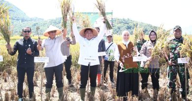 Bupati Garut, Abdusy Syakur Amin (kiri), bersama Wakil Bupati Garut dan jajaran Forkopimda, turut serta dalam kegiatan Panen Raya Padi Serentak di 14 Provinsi yang digelar secara daring bersama Presiden RI, di lahan pertanian Desa Cikembulan, Kecamatan Kadungora, Kabupaten Garut, Senin (7/4/2025). Kegiatan ini menjadi simbol komitmen pemerintah dalam menjaga kedaulatan pangan melalui dukungan terhadap petani lokal. (Foto: Deni Seftiana/ Muhamad Azi Zulhakim/ Diskominfo Kab. Garut-grahabignews.com)
