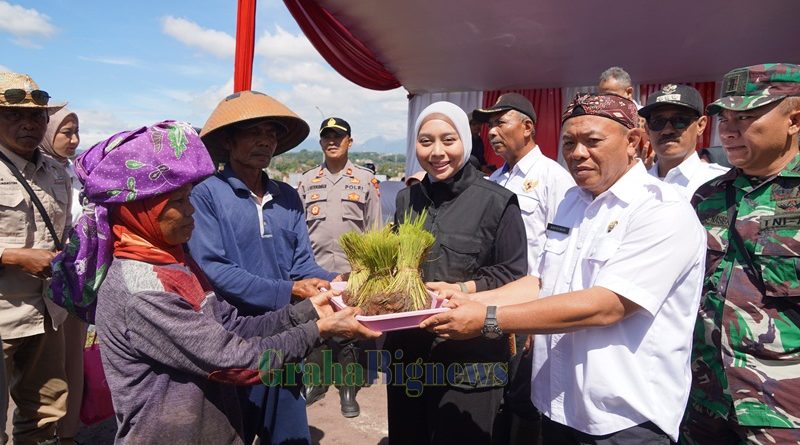 Wakil Bupati Garut, Putri Karlina, menyampaikan sambutannya dalam kegiatan tanam padi bersama yang dilaksanakan serentak di 14 provinsi seluruh Indonesia. Kegiatan ini menjadi momentum penting untuk memperkuat sektor pertanian sebagai tulang punggung perekonomian dan ketahanan pangan Kabupaten Garut, penanaman padi ini yang diselenggarakan di Jalan Letjen Ibrahim Adjie, Kecamatan Tarogong Kidul, Kabupaten Garut, Rabu (23/4/2025).(Foto: Anggana MKK/ Diskominfo Garut-grahabignews.com)